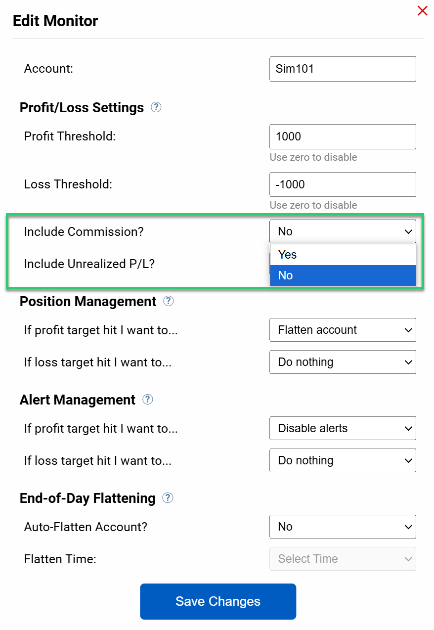 enable commissions to include with unrealized profit and loss calculations