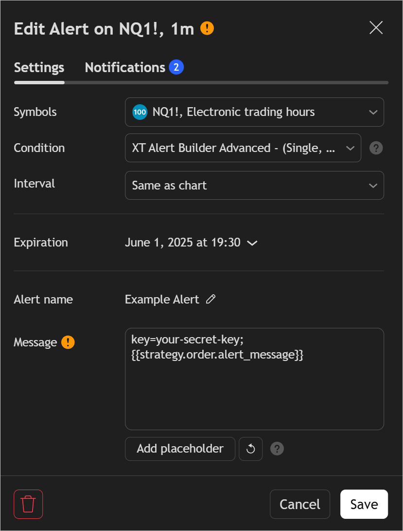 xt alert builder example alert